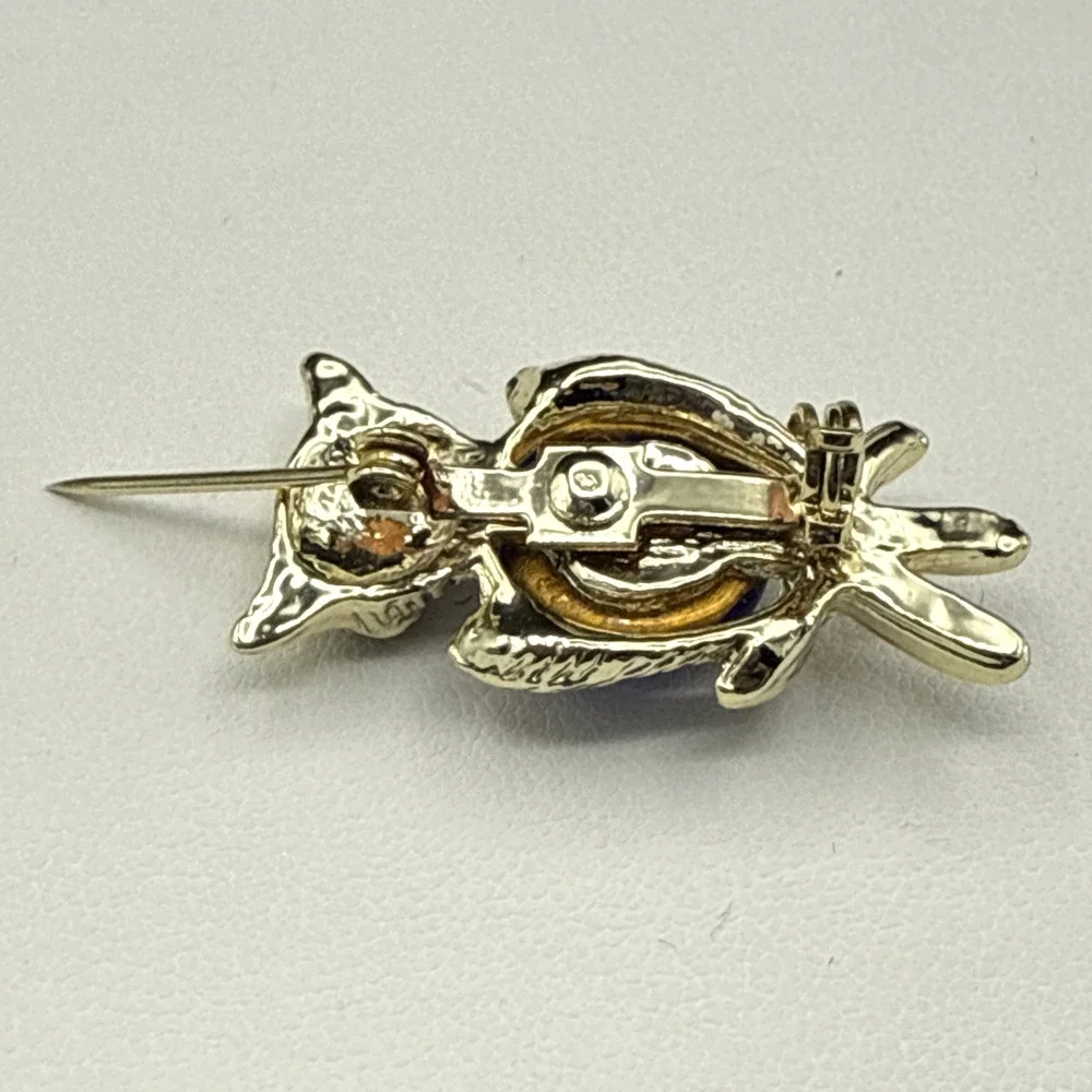 Vintage Brooch‎ Jelly Belly Owl Blue Rhinestone Eyes Gold Tone Bird Pin